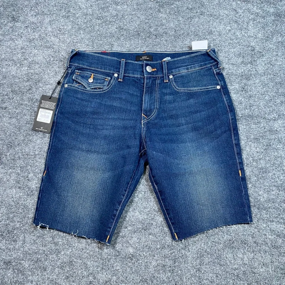 True Religion Ricky Relaxed Straight Denim Shorts 32 Dark Lunar Shadow Wash